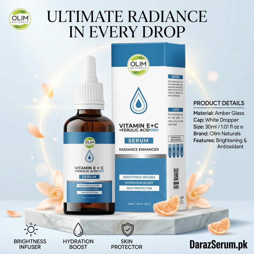 Olim Naturals Vitamin E + C Ferulic Acid Serum – Brightening & Antioxidant Face Serum – 30ml